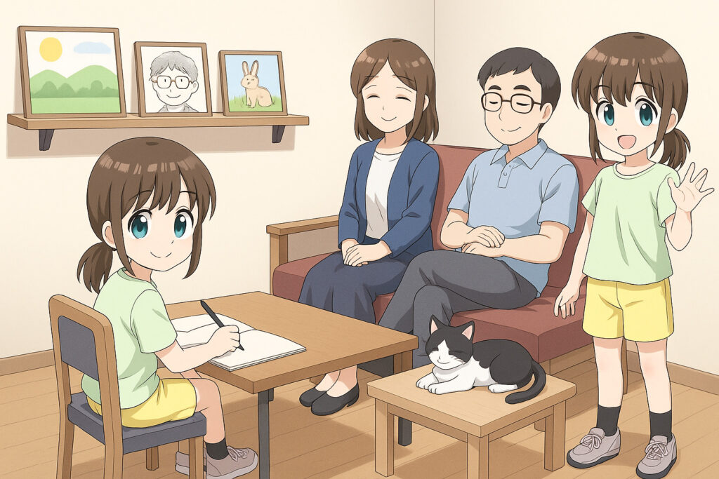 愛知・蟹江のワコム製液タブ完備のイラスト・操作空間「えがきBASE」のコミュニケーションスペース。付き添い者・交流・作品展示・簡易ベッド。