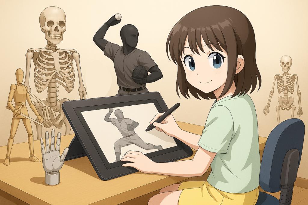 愛知・蟹江のワコム製液タブ完備のイラスト・操作空間「えがきBASE」の人体模型。デッサン人形・手モデル・デッサンドール・全身稼働マネキン・骨格標本。