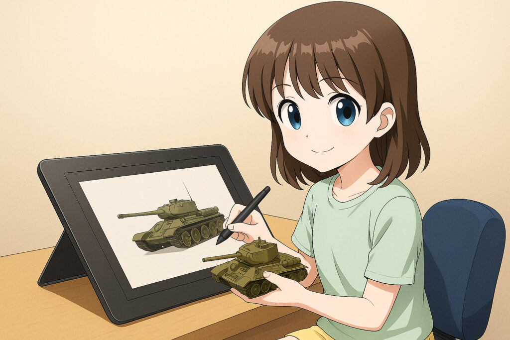 愛知・蟹江のワコム製液タブ完備のイラスト・操作空間「えがきBASE」の模型。アニメ・SF・ミリタリー・自動車・府フィギュア。