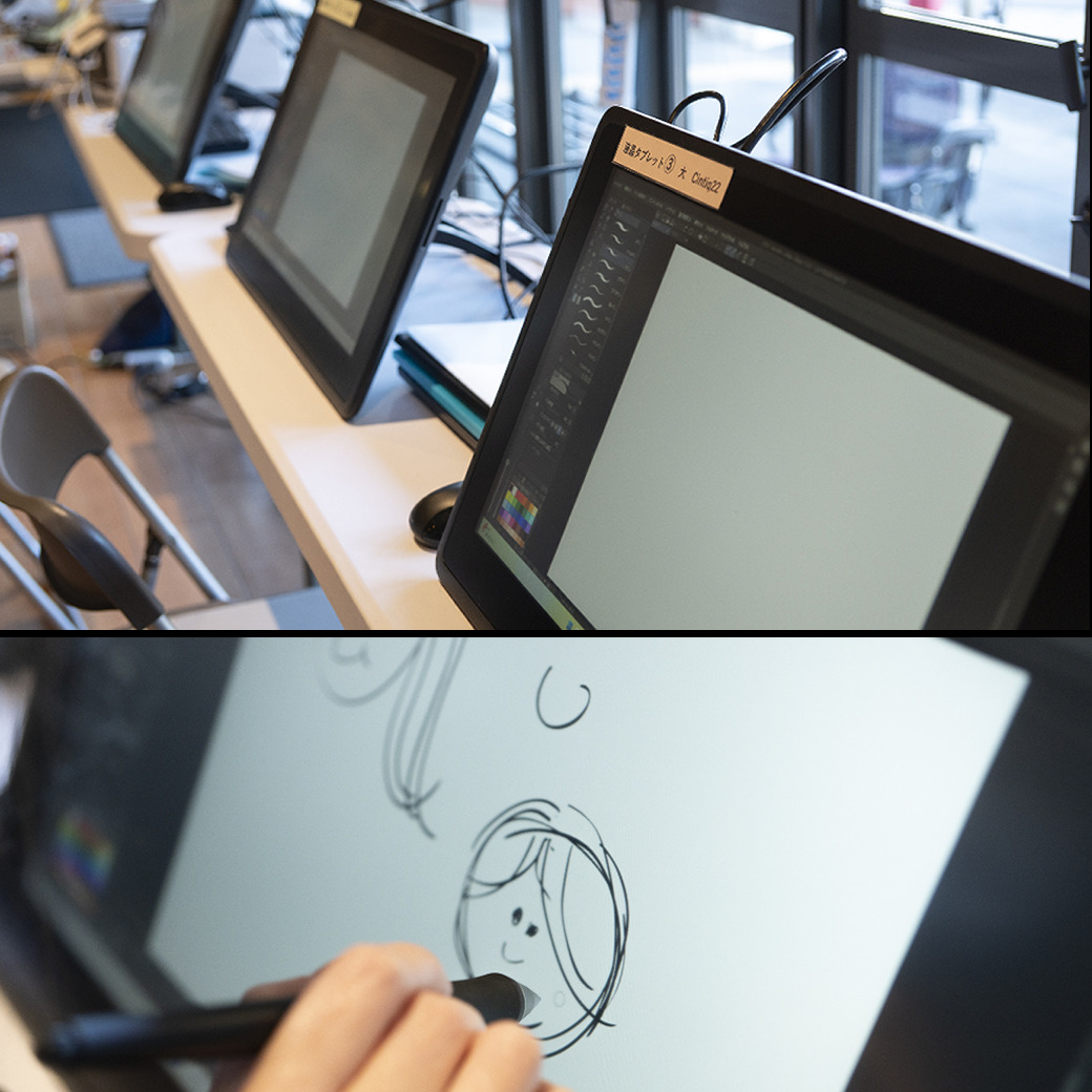 愛知・蟹江のイラスト・操作空間「えがきBASE」の作画席。ワコム製液タブ・Clip Studio完備